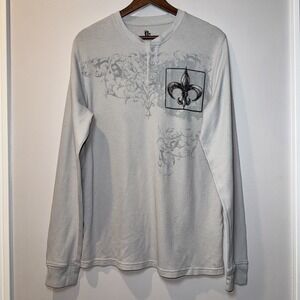 Destruction Shirt L Gray Graphic Print "Fleur De Lis" Script Waffle Knit ***PICS